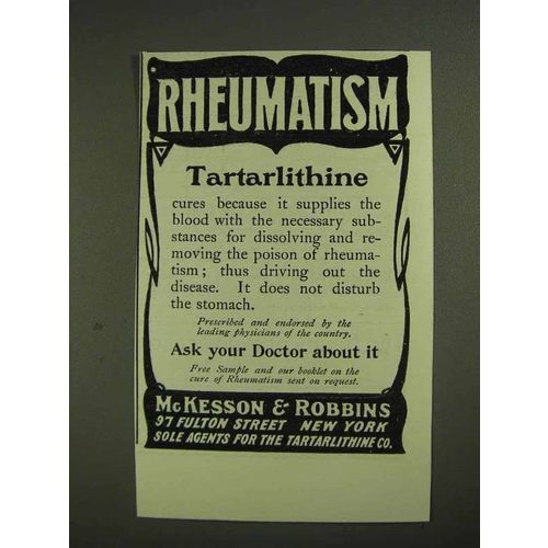 1903 McKesson & Robbins Tartarlithine Ad - Rheumatism