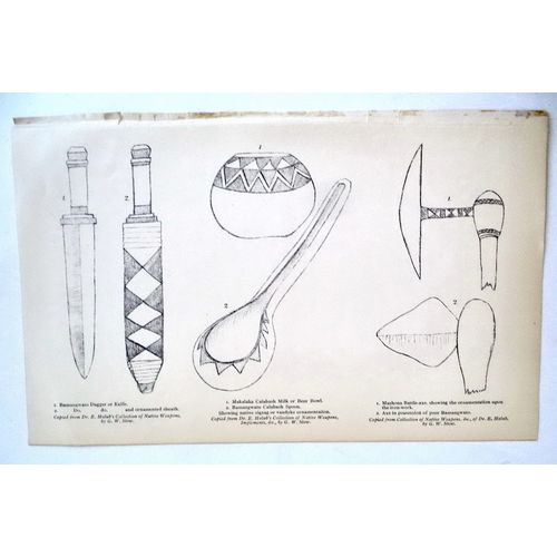 Antique Engraving 1905 print African Bamangwato Mashona Weapons Dagger Bowl Axe