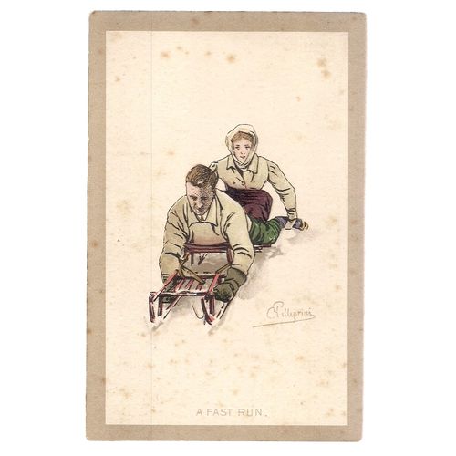 COUPLE SLEDGING Swiss unused antique postcard by Pelligrini