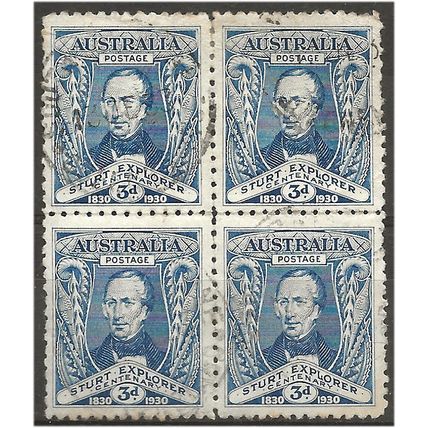 Australia 1930 SG118 3d Blue River Murray Very Fine Used Block of 4 .. ..