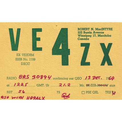 Winnipeg Canada 1960s QSL Radio Card