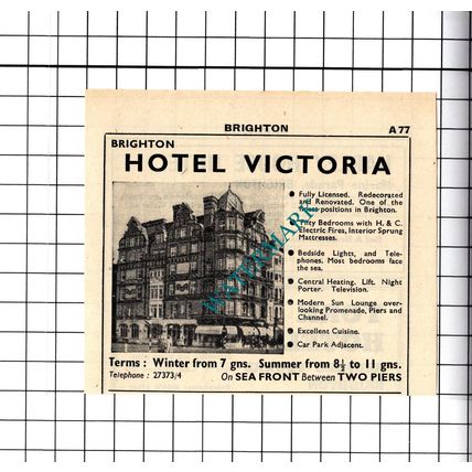 Hotel Victoria Brighton Sussex Small Advert - 1958 Cutting / Print