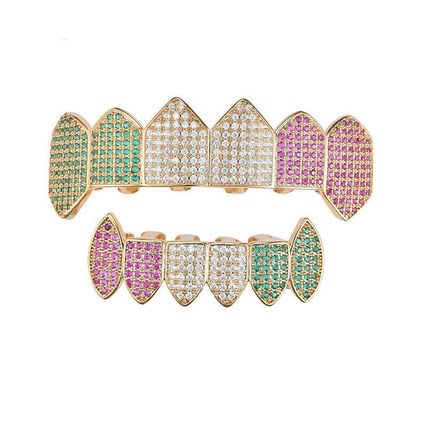 6 Teeth Grillz Mouth Top Bottom Full Iced Mens Hip Hop Colorful Tooth Caps