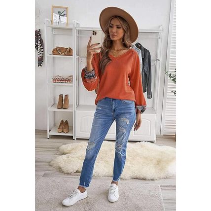Orange Contrast Eyelet Thermal Knit Top