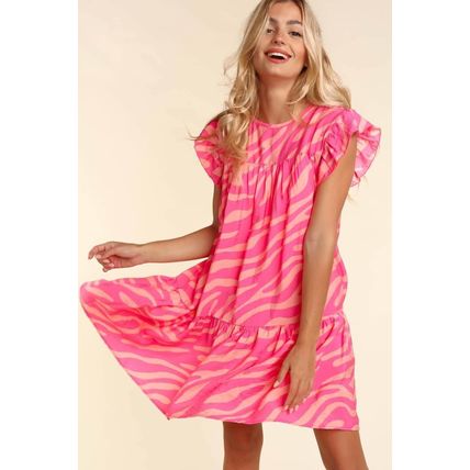 Pink Zebra Stripe Printed Ruffle Trim Pocketed Dress