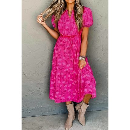 Rose Red Floral Print Pleated Drawstring Flowy Midi Dress