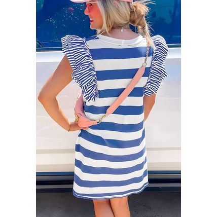 Sky Blue Stripe Contrast Ruffled Sleeve T-shirt Dress