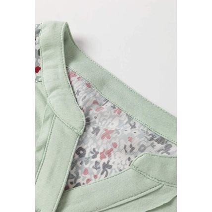 Meadow Mist Green Contrast Printed Bubble Sleeve Henley Loose Top with Slits