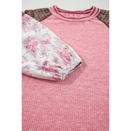 Fushia Mixed Print Patchwork Raglan Ribbed Knit Top
