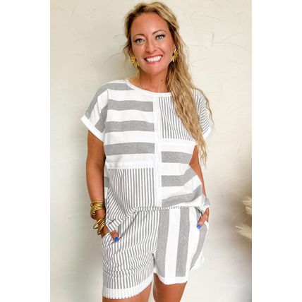 Gray Stripe Mixed Print Short Sleeve Top and Pocketed Shorts Set
