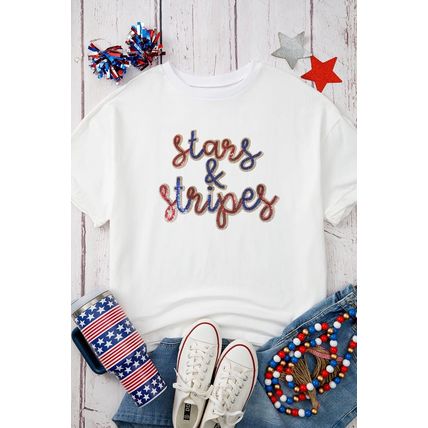 White Sequin stars & stripes Graphic Drop Shoulder Loose T Shirt