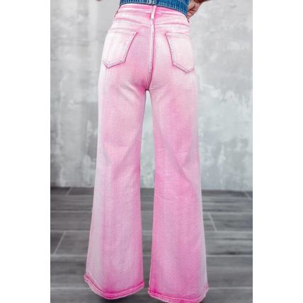 Pink High Waist Rhinestone Cutout Wide Leg Jeans