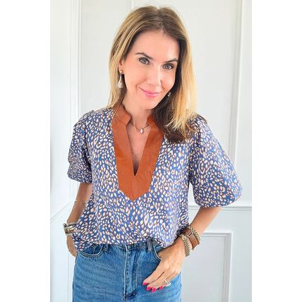 Ashleigh Blue Leopard Print Spot Contrast V Neck Half Puff Sleeve Shirt