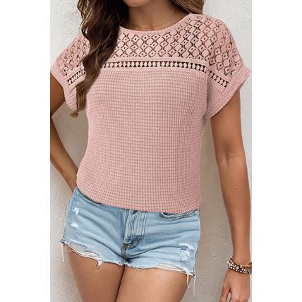Light Pink Lace Patchwork Waffle Short Sleeve Top