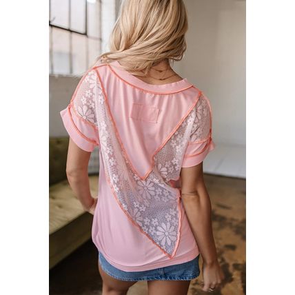Light Pink Lace Patchwork Exposed Seam V Neck T Shirt