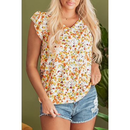 Green Floral Print Ruffled Sleeveless V Neck Tank Top