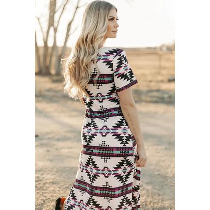 Beige Western Aztec Printed Long T-shirt Dress