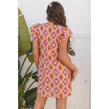 Orange Geometric Floral V Neck Buttoned Ruffled Sleeve Mini Dress