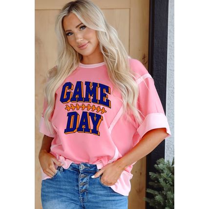 Peach Blossom Raw Seam Patchwork GAME DAY Letter Graphic Loose Tee