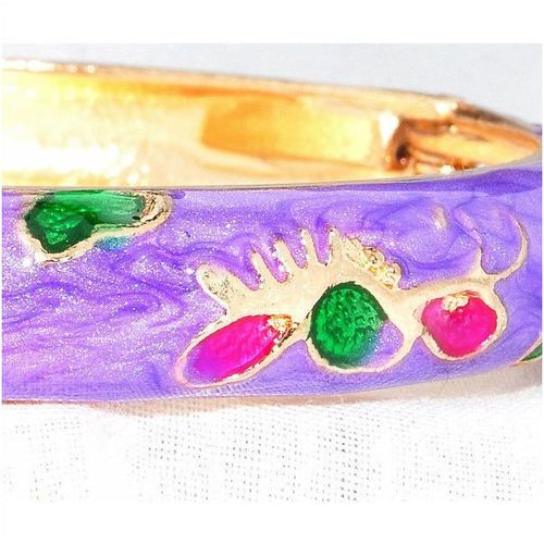 Lilac Art Nouveau Style Enamel Gold Plated Hinged Bracelet Bangle Jewellery 1569