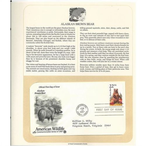 AMERICAN WILDLIFE ' OFFICIAL FIRST DAY of ISSUE ' ALASKAN BROWN BEAR (1987)