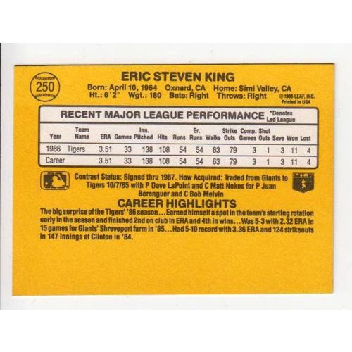 1987 Donruss Eric King RC rookie card #250 -Tigers