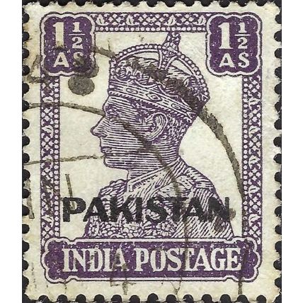 PAKISTAN , King George VI, o/p on India, violet 1947, 9pies