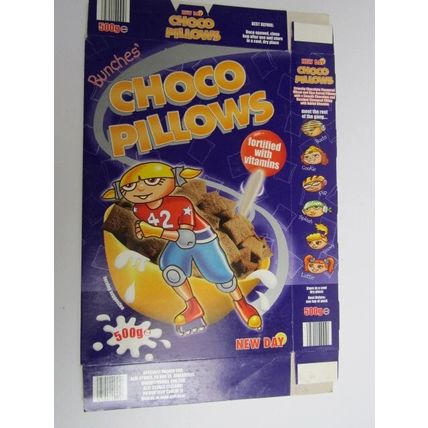 ALDI 2003 New Day Choco Pillows Empty Cereal Box - Secret Gang Bunches Mask