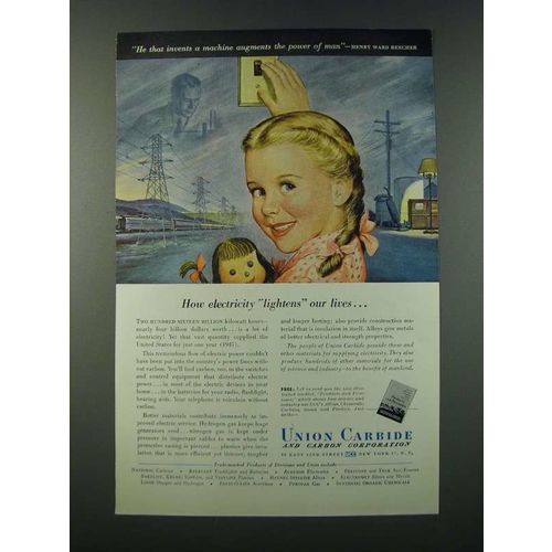 1949 Union Carbide Ad - How Electricity Lightens our Lives