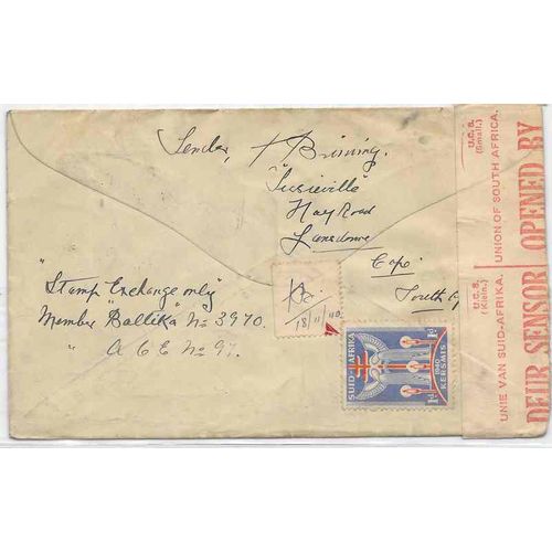 South Africa 1940 Postal Sta. Cape Colony uprated to Ohio USA, CENSORED, TB