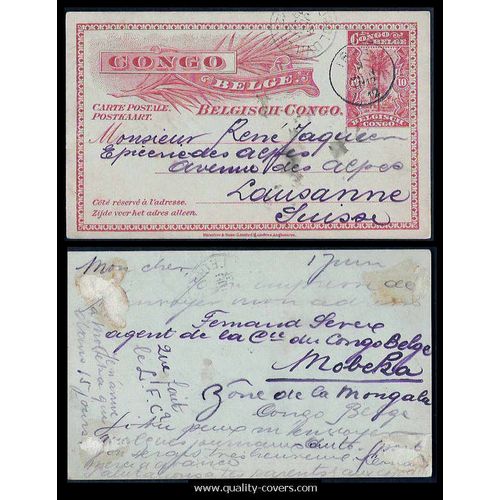 Belgium Congo Postal Card 1912 Irebo to Switzerland