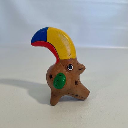 Vintage Ocarina Folk Art Clay Toucan Whistle 3 Head Flute Shape Shift Animal 5”