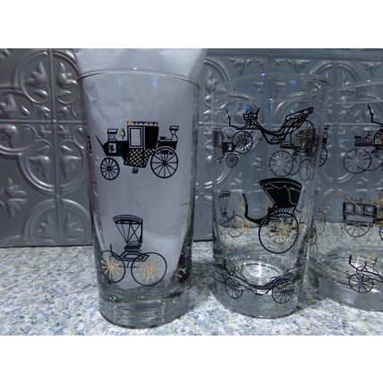 Vintage Antique Cars Black & Gold Collins Glasses (6) Libbey EUC