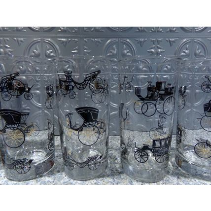 Vintage Antique Cars Black & Gold Collins Glasses (6) Libbey EUC
