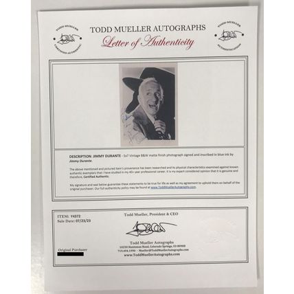 Jimmy Durante (d. 1980) Signed Autographed Vintage 5x7 Photo