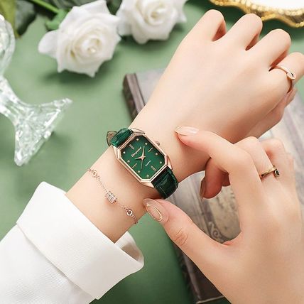 Ladies Green Rectangle Face Steel Back Rose Gold Case Green Leather Strap Watch