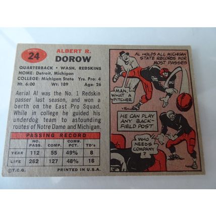 1957 Topps Football Card # 024 Al Dorow Very Good (3) Washington Redskins