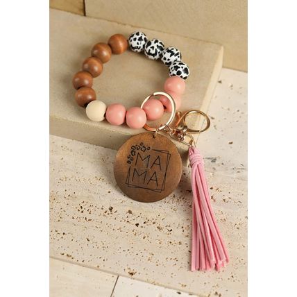 Pink MAMA Wood Pendant Leopard Fringe Keychain