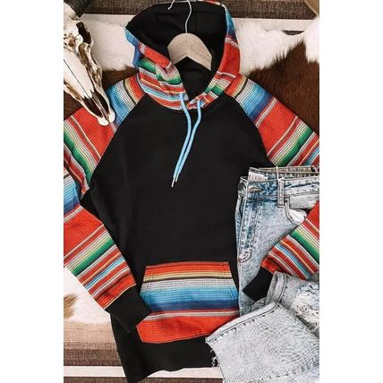 Multicolor Colorful Striped Patchwork Kangaroo Pocket Hoodie