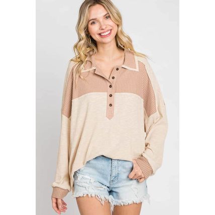 Apricot Oversized Knit Top With Waffle Contrast