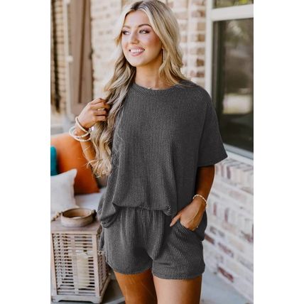 Carbon Grey Ribbed Textured Knit Loose Fit Tee and Shorts Set