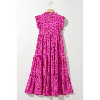 Rose Red Leopard Print Ruffled Trim Tiered Maxi Dress