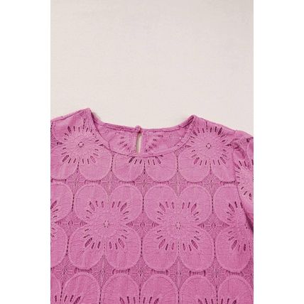 Bright Pink Flower Eyelet Jacquard Keyhole Flounce Sleeve Top