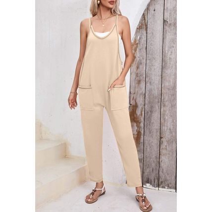 Apricot Side Pockets Harem Pants Sleeveless V Neck Jumpsuit