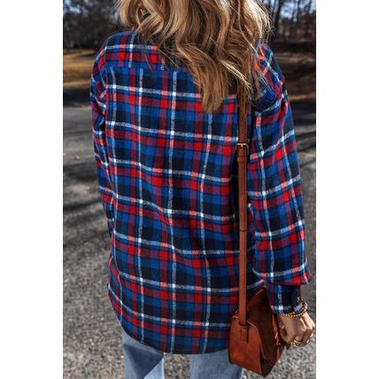 Navy Blue Plaid Flap Pocket Button Up Shacket