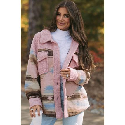 Pink Western Aztec Print Sherpa Splicing Buttoned Flap Pocket Coat