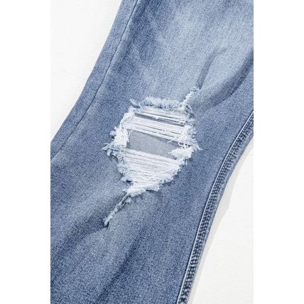 Dusk Blue High Rise Ripped Distressed Hem Flared Jeans