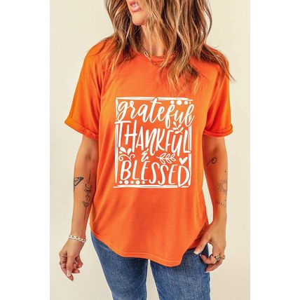 Orange Grateful Thankful Blessed Printed Thanksgiving T Shirt