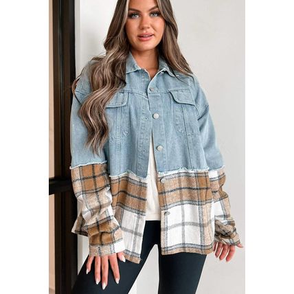 Khaki Plaid Patchwork Buttoned Oversized Denim Jacket