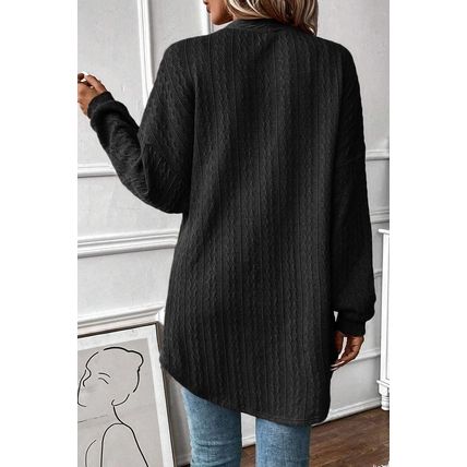 Black Textured Knit Side Pockets Open Front Cardigan